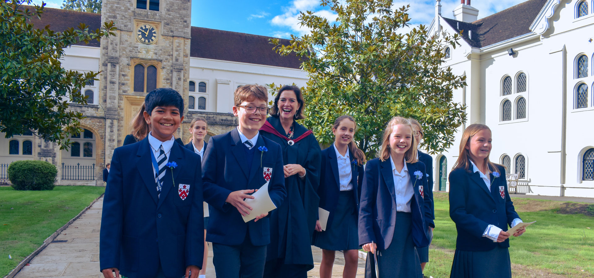 The head of Alleyn's school, Jane Lunnon, with pupils.